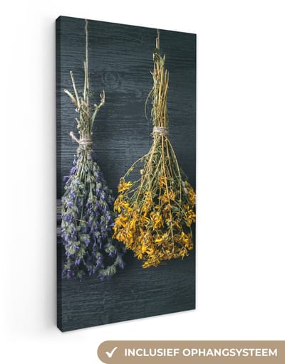 Canvas schilderij 20x40 cm - Wanddecoratie Droogbloemen - Bloemen - Boeket - Stilleven - Touw - Bundel - Muurdecoratie woonkamer - Slaapkamer decoratie - Kamer accessoires - Schilderijen op canvas