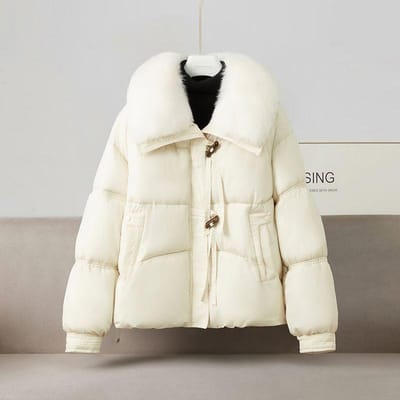 Mode Grande Collette en Fourrure Doudoune Coton Veste d'Hiver Femme Veste Courte en Coton 2XL blanc