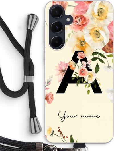 Gepersonaliseerd - Case Company® - Hoesje met koord geschikt voor Samsung Galaxy A55 hoesje met Koord - Flirty Flowers Monogram - Telefoonhoesje met Zwart Koord - Bescherming aan alle Kanten en Over de Schermrand
