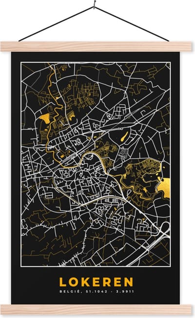 Posterhanger incl. Poster 40x60 cm - Schoolplaat - Goud - Stadskaart - Plattegrond - Lokeren - Kaart - Textielposter - Blanke latten - Stadskaart