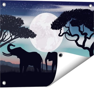 Gards Tuinposter Olifanten Silhouet tijdens Volle Maan - 50x40 cm - Tuindoek - Tuindecoratie - Wanddecoratie buiten - Tuinschilderij