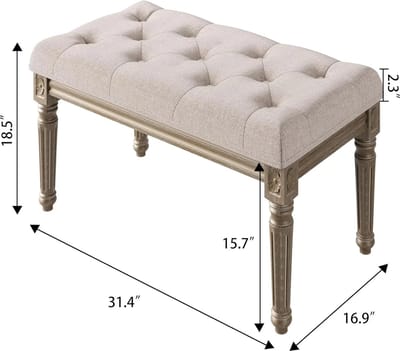 Mygroot - Pianobank - Stof - Beige Bank Voor Eettafel - Gestoffeerde ijdelheid Kruk - Pianobank - Make-Up Kruk - Met Rustieke Houten ijdelheid Kruk