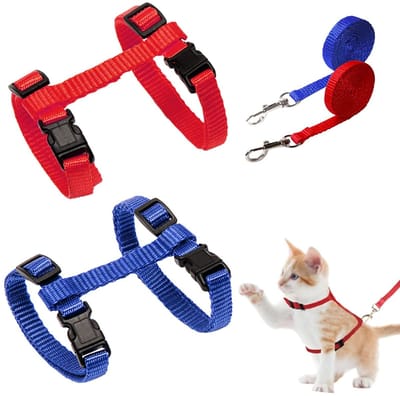 Dailygoods - Zachte kattenharnas - Verstelbaar nylon harnas - Ademend en huidvriendelijk - Rood en Blauw - Voor kittens en puppy's - 2 stuks