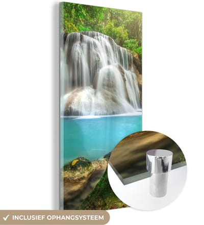 MuchoWow® Glasschilderij 20x40 cm - Schilderij acrylglas - Bos - Waterval - Natuur - Foto op glas - Schilderijen