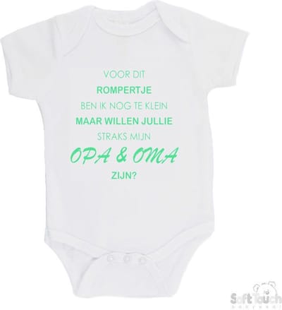 100% katoenen Romper "Voor dit rompertje ben ik nog te klein maar willen jullie straks mijn opa & oma zijn" Unisex Katoen Wit/mint Maat 62/68
