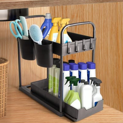 Onder gootsteenorganizer, 2 etages, gootsteenorganizer, uittrekbare onderwastafel, rek met 4 haken en 2 kopjes, keukenorganizer voor keuken, spoelbak, kast, zwart