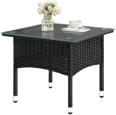 RosaBloom polyrattan bijzettafel - 50x50cm - Tuintafel - Balkontafel - Salontafel buiten - Met gehard glazen blad - Weerbestendig - Zwart
