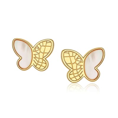 Vlinder dames oorbellen goudkleurig - Verguld Oorbellen Dames Vlinder met Parelmoer - Parelmoer oorbellen - Butterfly Earrings with Mother of Pearl - Verguld Echte Zilver 925 - Amona Jewelry
