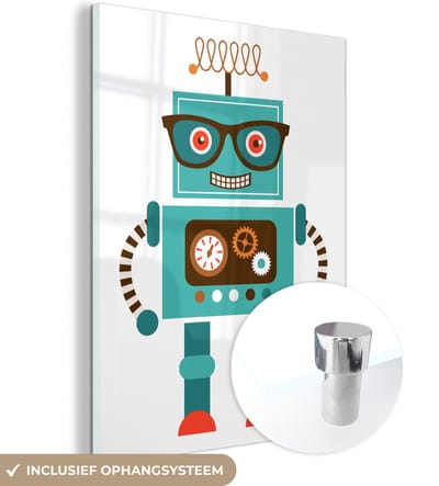 MuchoWow® Glasschilderij 120x160 cm - Schilderij acrylglas - Robot - Bril - Tandwielen - Gezicht - Jongens - Kids - Foto op glas - Schilderijen