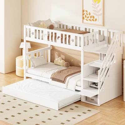 DESMIU Stapelbed 90x200 cm – Met Uitschuifbed En Opbergtrap – Veilig Kinderbed Voor 3 Slaapplaatsen – Massief Hout – Wit – Zonder matras