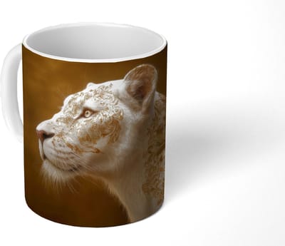 Mok - Koffiemok - Leeuwin - Bloemen - Wit - Goud - Mokken - 350 ML - Beker - Koffiemokken - Theemok