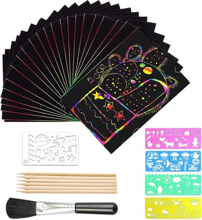 Creatieve Scratch Art Set met 60 Stukken - Zwarte Magische Scratch Notes, Sjablonen en Houten Stylus voor DIY Kunst en Cadeaus
