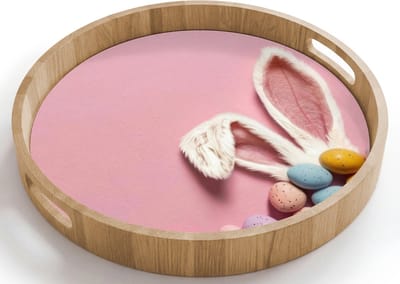 Dienblad rond 40x40 cm - Schootdienblad hout - Eieren - Pasen - Konijnoren - Roze - Borrelplank rechthoek - Plateau houten dienbladen