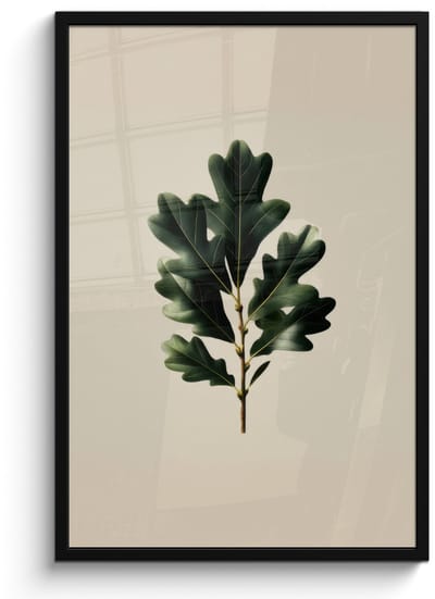 Poster in lijst - Fotolijst 60x90 cm - Posters - Eikenbladeren - Beige - Groen - Golvende randen - Posterlijst zwart - Decoratie - Wanddecoratie woonkamer - Muurdecoratie slaapkamer