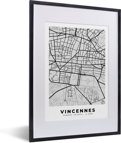 Fotolijst incl. Poster - Kaart – Stadskaart – Frankrijk - Vincennes - Plattegrond - 30x40 cm - Posterlijst