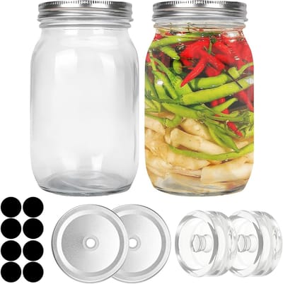 Fermentatieglazen voor Kimchi - Set van 2, 1 Liter, inclusief Fermentatiegewichten en Schroefdeksel, Ideaal voor Voedselopslag en Inmaken