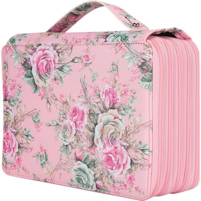 Etui met rozenprint, meerlaags met rits, 252 vakken, draagbare pennenhouder, opbergvak(Beige