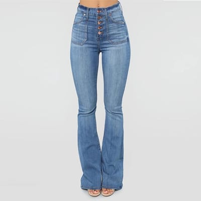 Dames Bell Bottom High Waist Fitted Denim Jeans XS