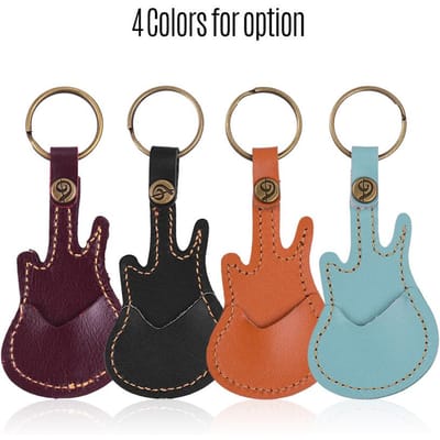 Étui Porte-Médiators de Guitare en Cuir Sac Forme Guitare avec Porte-Clés 5 Pièces Médiators de Guitare Celluloïd Instrument à Cordes noir