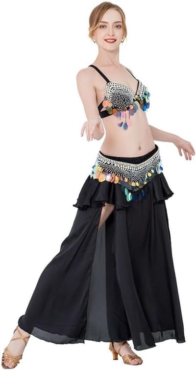 Tassel Buikdans Kostuum voor Dames met Strass, Beha, Ceintuur en Rok - Drie Delige Set voor Buikdansen in Zwart