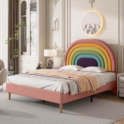 DESMIU Gestoffeerd Bed 140x200 cm – Verstelbaar Hoofdbord Met Lattenbodem – Comfortabele Rugsteun – Voor Jeugd En Volwassenen – Fluweel – Roze – Zonder Matras