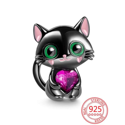 Fler® | Bedel | Past op populaire bedel armbanden (standaard-3mm) | armbandbedel | Zwarte Kat Bedel | Hangbedel Charm | 925 sterling zilver | Roze zirkonia | Zwarte, Roze, Groene emaille | Verjaardagsgeschenk, kado, cadeau | Valentijn kado