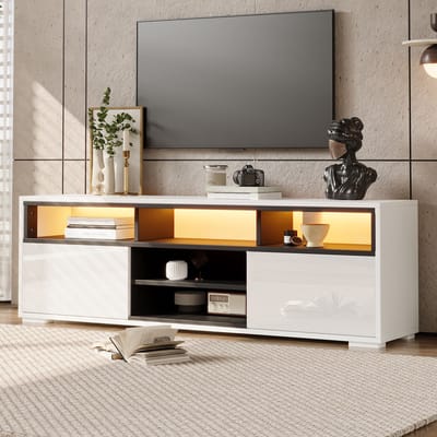 TV-Meubel - 150 x 35 x 50 cm - 8 Opbergvakken en 2 Deuren met LED - Hoogglans Spaanplaat - Wit