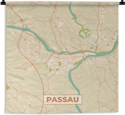 Wandkleed - Wanddoek - Passau - Kaart - Stadskaart - Vintage - Plattegrond - 180x180 cm - Wandtapijt