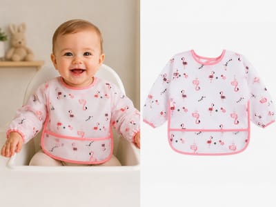 Slabbetje lange mouwen met brede opvangbak - Roze Flamingo - 0-2 jaar - wasbaar - kliederschort - verfschort