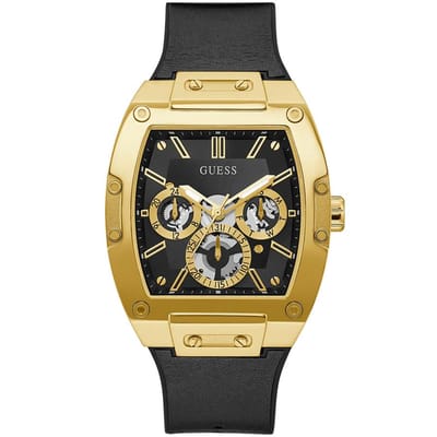 Guess Phoenix Multifunctioneel Zwarte Wijzerplaat Zwarte Lederen Band Quartz Horloge voor Mannen - GW0202G1 goud