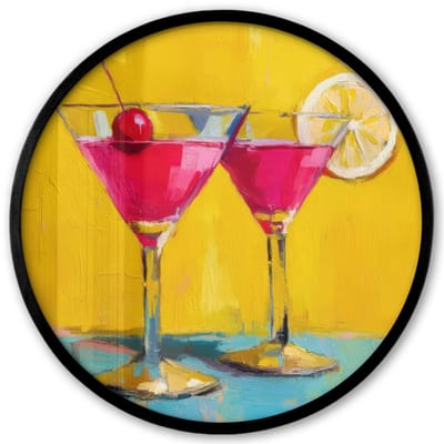 Poster in lijst Rond - Fotolijst 40x40 cm - Posters - Glazen - Cocktail - Citroen - Kers - Ronde posterlijst zwart - Decoratie - Wanddecoratie woonkamer - Muurdecoratie slaapkamer