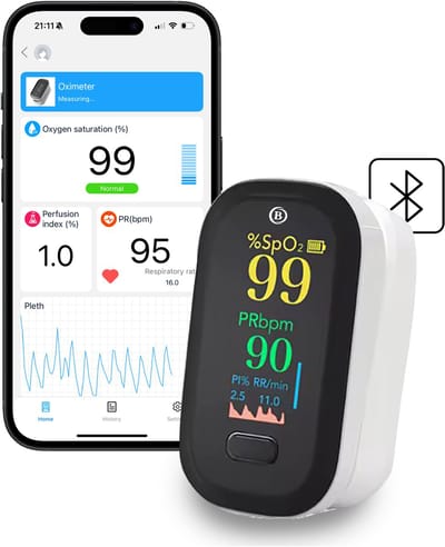 BDM CARE ® Medische Saturatiemeter bluetooth - Saturatiemeter zuurstofmeter vinger - Zuurstofmeter Vinger inclusief Hartslagmeter - Pulse Oximeter met PI Functie - Gratis opberghoes - (Incl. batterijen) met app