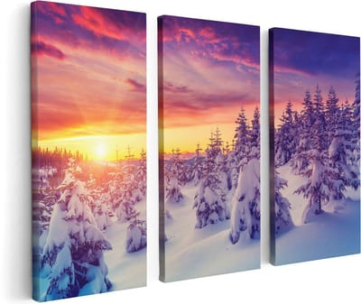 Artaza Canvas Schilderij Drieluik Zonsondergang In Het Sneeuw Bos  - 120x80 - Foto Op Canvas - Canvas Print