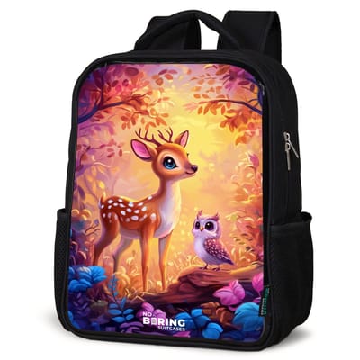 NoBoringSuitcases.com® - Rugzak zwart - Schooltas jongen & meisje - Hertje en uil in een roze sprookjesbos - Rugtas voor school - Boekentas kind - Schoolrugzak - Kinderrugzak