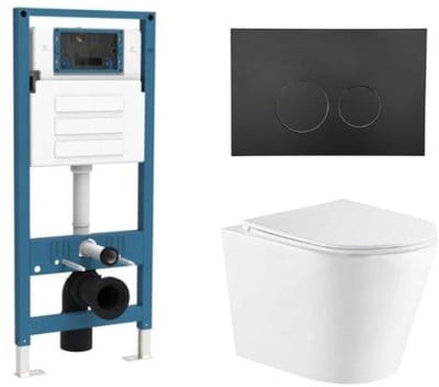 QeramiQ Dely Toiletset - inbouwreservoir Qeramiq Flush - slim zitting - kunststof mat zwarte bedieningsplaat - ronde knoppen - glans wit