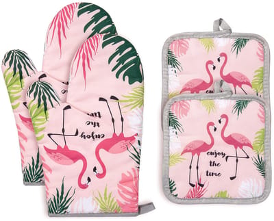Dreamhigh Hittebestendige Ovenwanten en Pannenlappen – Set met Katoenen Voering – Keukenhandschoenen voor Koken - Grillen - Bakken en Barbecue - Flamingo