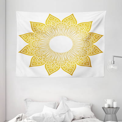 ABAKUHAUS Mandala Wandtapijt en Sprei, Cirkelvormig Bloemenpatroon met Zon-uitstraling, 230 x 140 cm, Mosterd en Aardgeel