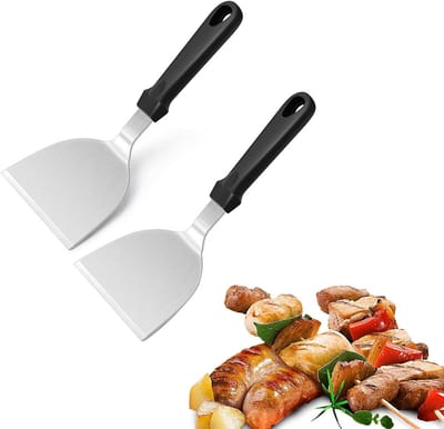 2 stuks metalen spatel - roestvrijstalen koekenpanspatel - 25 x 12 cm - kunststof handvat - platte koekenpan teppanyaki - vuurpotgereedschap - geschikt voor barbecueën, kamperen en koken - gemakkelijk schoon te maken