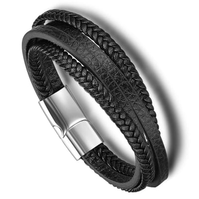 Victorious Gevlochten Leren Armband Heren – RVS Roestvrijstaal Sluiting – Zwart/Zilver – 22cm