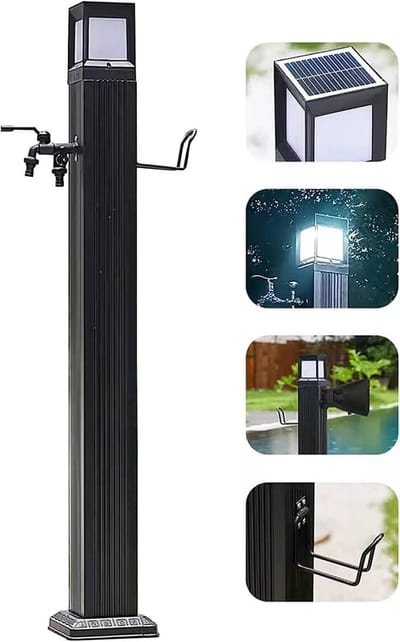 Waterzuil met LED - Buitenkraan Kraanpaal - Tuin Bewatering - Vorstvrij Zonnepaneel - 113cm Hoog - Dubbele Kraan