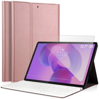 Hoes met toetsenbord geschikt voor Lenovo Idea Tab Pro 12.7 - Screen Protector GlassGuard - Keyboard Book Case Cover Hoesje Rose & Screenprotector