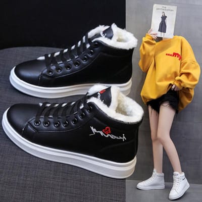 Winter Nieuwe Gewatteerde Katoen PU Leer Witte Schoenen Vrouw Dikke Zool Student Dagelijkse Sneakers High-Top Lederen Paneelschoenen 37 white