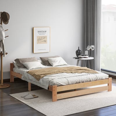 Wishdor Massief Houten Tweepersoonsbed 140x200 cm - Minimalistisch Grenenhout met Lattenbodem - Scandinavisch / Futon Stijl - Naturel