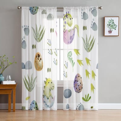 Schattige babydinosaurussen en eieren Tule gordijnen voor woonkamerdecoratie Moderne sluier Chiffon gordijnen Slaapkamer Transparante voile 135W x 114H(cm) white