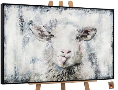 Canvas schilderij landschapsformaat handgeschilderd gelukkig schaap dier – YS-Art Gallery – Charmante wanddecoratie voor woonkamer – Vrolijk schilderij voor kinderkamer en hal