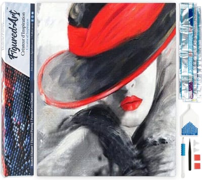 Figured'Art Diamond Painting set Volwassenen 40x50 cm Vrouw met rode hoed - 5D DIY Art full drill vierkante diamant - Opgerold canvas