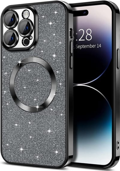 Hoesje Geschikt voor iPhone 15 Pro Magsafe hoesje Zwart - Lens beschermer glitter backcover