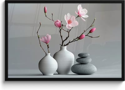 Poster in lijst - Fotolijst 90x60 cm - Posters - Magnolia - Bloemen - Roze - Zen stenen - Posterlijst zwart - Wanddecoratie badkamer - Muurdecoratie WC - Decoratieve accessoires - Toilet muur decoratie