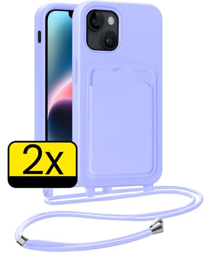 Hoesje Geschikt voor iPhone 13 Telefoonhoesje Met Koord Case Pashouder Siliconen - Hoes Geschikt voor iPhone 13 Hoesje Met Kaarthouder - Lila - 2 Stuks