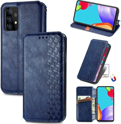 Luxe PU Lederen Ruitpatroon Wallet Case + PMMA Screenprotector voor Galaxy A52 (4G/5G) / A52s 5G _ Blauw
